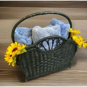 VTG Wicker Magazine Towel Record Storage Basket Green Peacock Shabby Cottage 60s